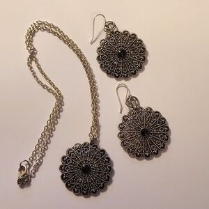Boho silver black pendant necklace and drop dangle earrings set f…